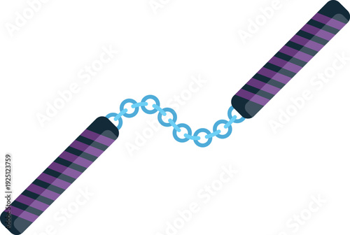 Purple and black striped nunchaku connected by blue metal chain links