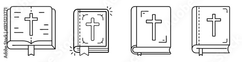 Four distinct vector illustrations of bibles, each presented in line art style