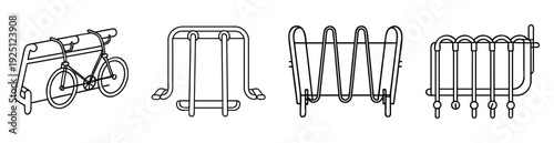 Various styles of bicycle parking racks, depicted as black and white line art