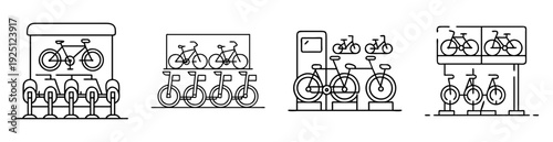 Various bike share and bike rental stations, line art illustration style