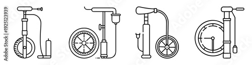 Collection of Four Distinct Bicycle Pump Designs in Outlined Vector Illustration