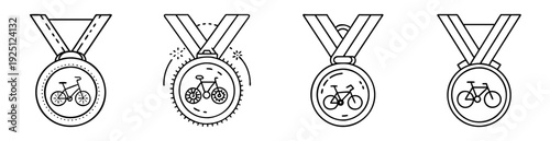 Four bicycle medals with ribbons, denoting cycling achievement, vector illustration