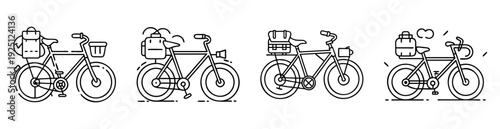 Collection of outline bicycle illustrations with accessories perfect for urban commuting
