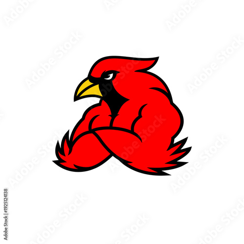 Strong Red Cardinal Bird Mascot Flexing Muscles, Cartoon Sports Team Logo Illustration Vector