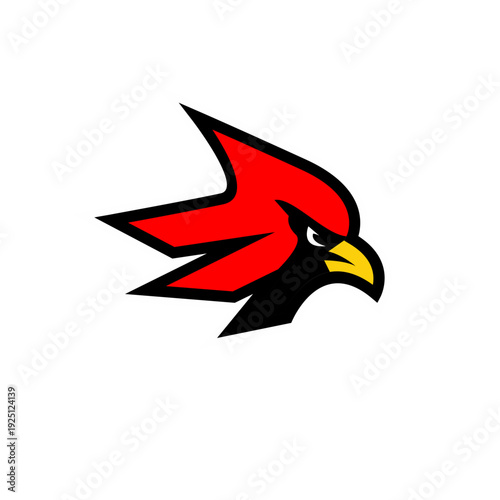 Red Cardinal Bird Head Logo with Yellow Beak and Black Eyes, Stylized Graphic Vector Illustration