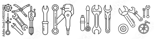 Black and white line drawing illustration of different types of hand tools