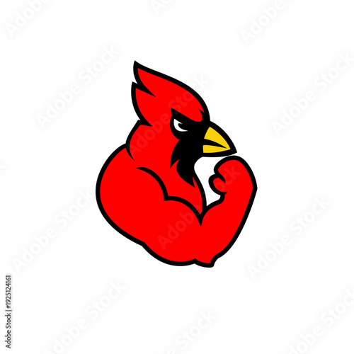 Red Cardinal Bird Mascot Flexing Muscular Bicep - Strong Sports Team Logo Illustration