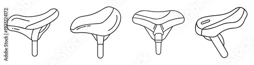 Four bicycle saddles line art demonstrating a variety of different seat styles