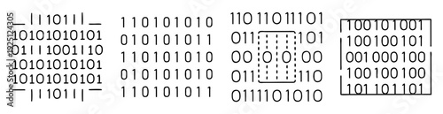 Black and white image showing various arrangements of binary code on a white background