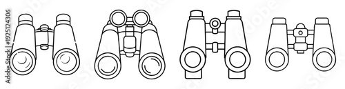 Illustration of four different styles of binoculars, black and white line art