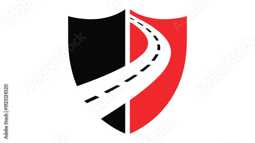 Dynamic shield logo with roadway and abstract path design