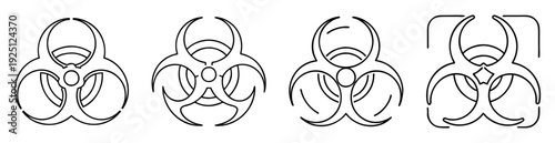 Four different variations of the biohazard symbol on a white background