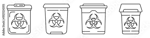 Four stylized biohazard waste containers in varying shapes and designs