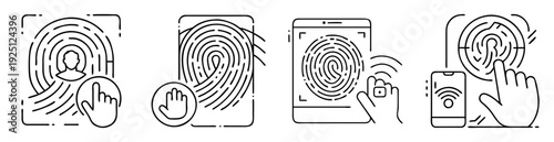 Outline illustrations demonstrating mobile phone security with fingerprint scanning and identification