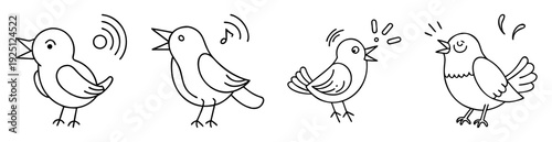 Four different outlined birds singing and producing different forms of musical notes