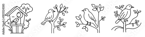 Simple line art illustrations showcasing birds and birdhouses on branches