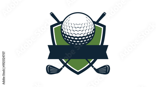 Elegant golf tournament logo with crossed clubs and golf ball emblem