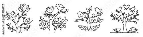 A collection of four simplistic line drawings of birds and trees