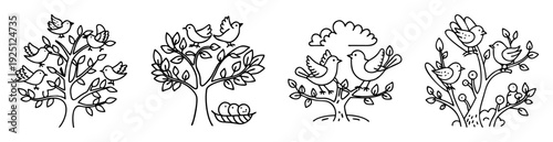 Four different tree illustrations with birds sitting in the branches and nest