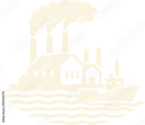 Vintage Factory & Ship Scribble Embroidery Art Print For Home Decor