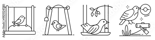 Four different line art images of cute birds in different scenarios