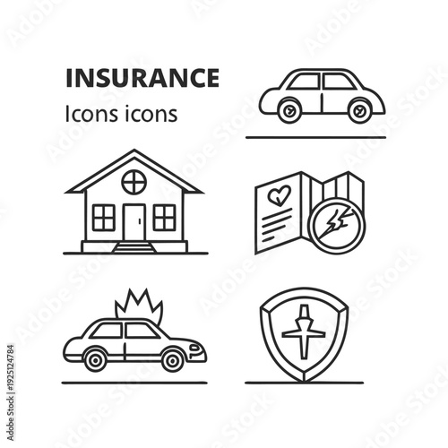 a set of six line icons related to insurance. 