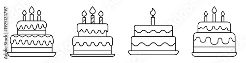 Collection of four simple two tier birthday cakes with burning candles