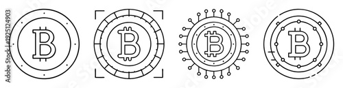 Four distinct bitcoin cryptocurrency designs with intricate circular patterns outline style