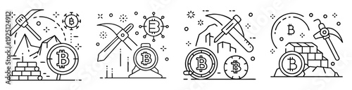 Line art illustration depicting cryptocurrency mining process with Bitcoin and pickaxes