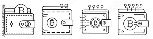Different bitcoin wallets representing physical wallet, simple wallet, futuristic and advanced wallet