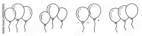 Four sets of adorable handdrawn monochrome balloon clusters with ribbon strings