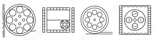 Film reels and film cassettes with retro design style in outline