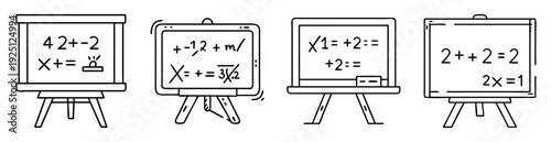 Four black and white drawing of blackboards with basic math problems