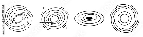 Four abstract spiral galaxy diagrams, showing differing structural features and orientations