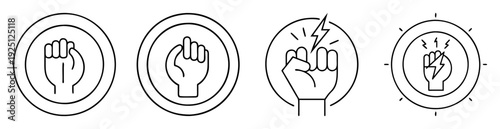 Four line art icons depicting raised fists in circles representing power