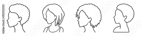 Various Black Hairstyles with Women's Silhouettes in a Minimalist Line Art Style