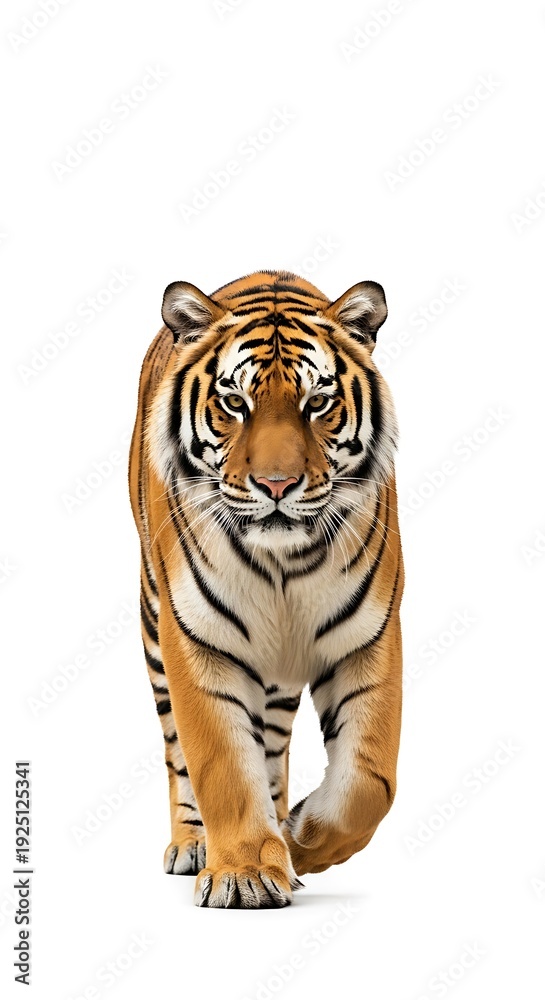 Obraz premium Majestic Tiger Strolling Forward with Intense Gaze on White Background.