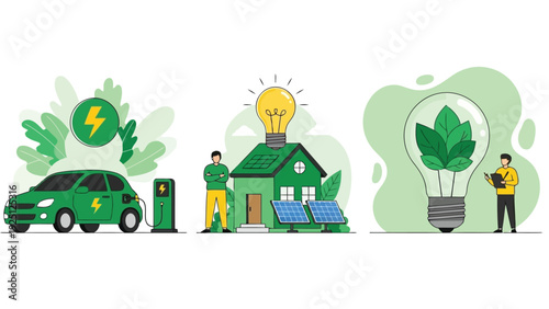 Sustainable future illustrated with eco-friendly icons and renewable energy sources