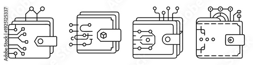 Collection of futuristic digital wallets with circuit board and node designs