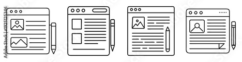 Set of digital illustration icons showing various document layouts with writing tools