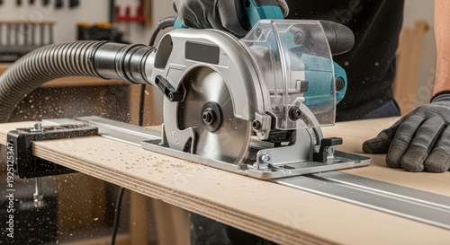 A close-up view of a table saw in operation with safety precautions visible.