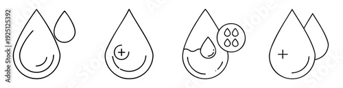 Water drop variations showcasing different properties in simple line art style