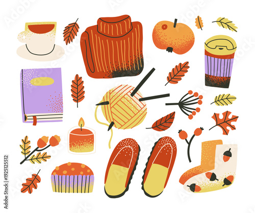 Autumn cozy mood, icon set, elements, leaves, tea, sweater, pie, sweater, candle. Colorful set of autumn season, hand drawn doodles for mood board.