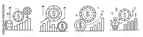Financial growth representations showing money stacks, bar charts and money bags with upwards trend