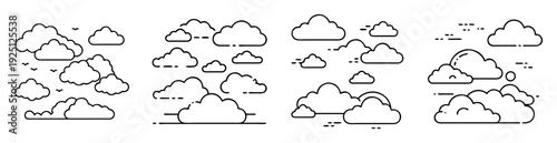 Collection of stylized cloud shapes in black outlines with various accents