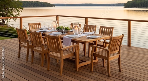A beautiful outdoor dining set made from natural, weather-resistant Grade A teak wood, including a large rectangular table and eight matching slat-back armchairs.