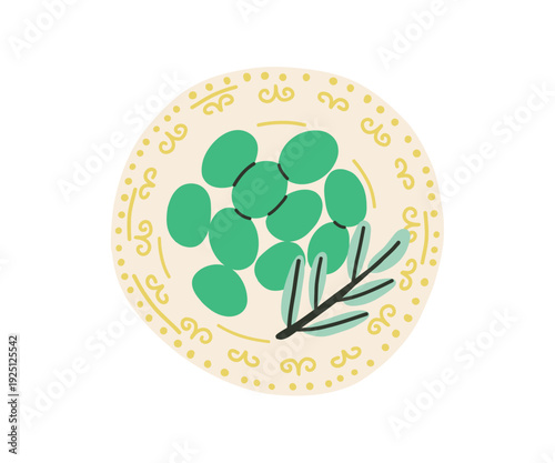 Flat Hand drawn plate with green olives and olive brunch. Italian food bold illustration.