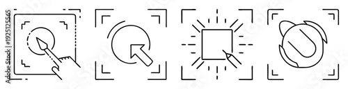 Black and white vector outline icon set representing design process interactions
