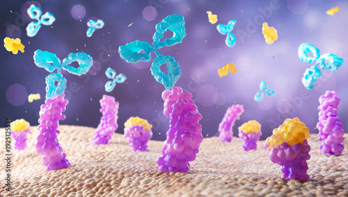 Antibodies attack a cancer cell or Virus, 3d illustration.