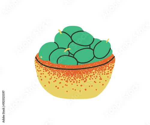 Flat doodle plate with green olives. Hand drawn Italian food bold illustration.